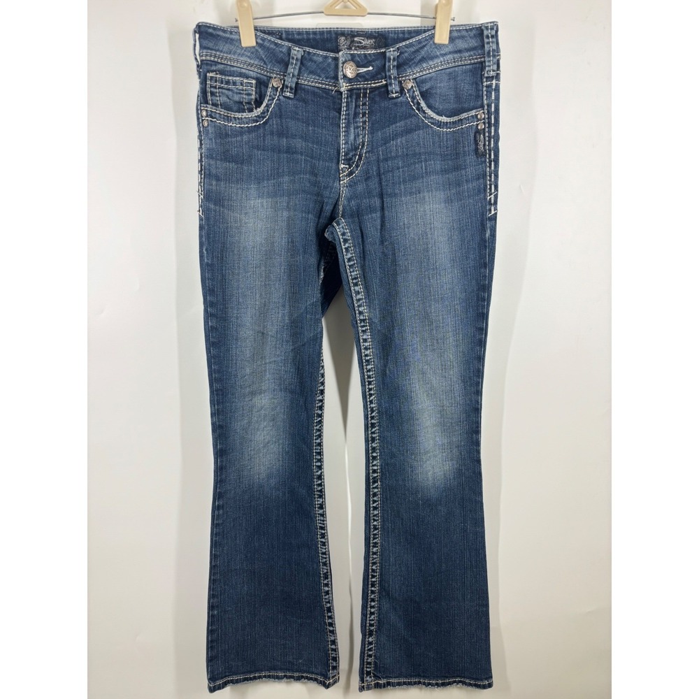 Silver Jeans Co Suki Embroidered Bootcut Jeans Medium Blue Contrast Stitch Y2K